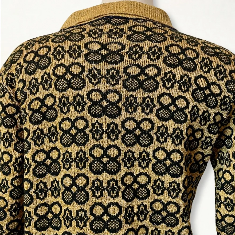 Vintage 60s 70s Gold and Black Metallic Lurex Collared Cardigan Sweater - Picture 6 of 10